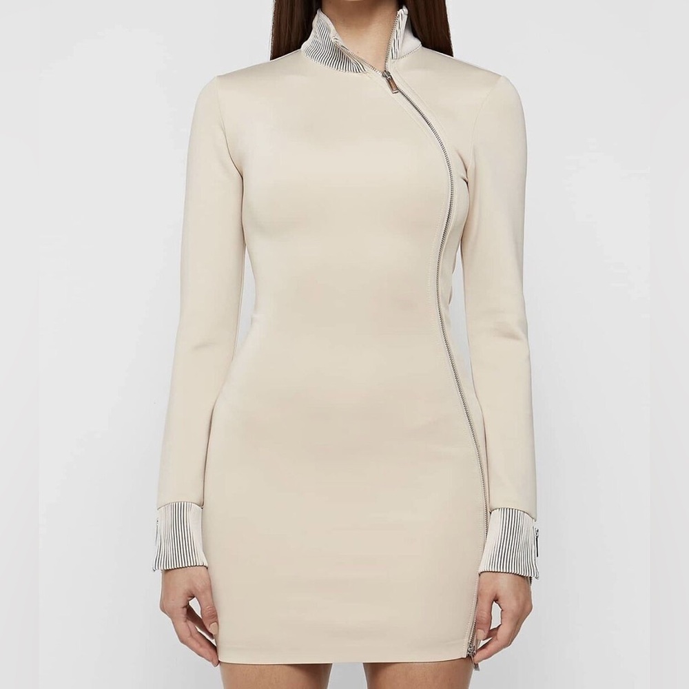 High Neck Neoprene Zip Detail Dress - Beige SIZE 12